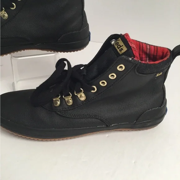 Keds Black Lace-Up High-Top Boots with Red Plaid Lining - Picture 7 of 11